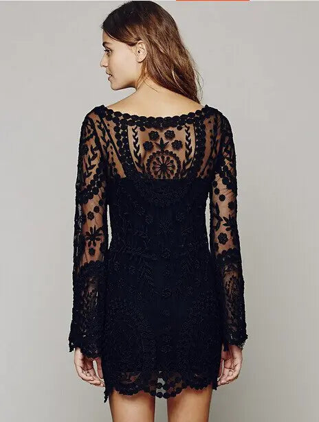 2021 hot sale flower pattern long sleeve loose hook beach dress women's hollow out sexy lace dress elegant sexy lace beach dress Rieworkes