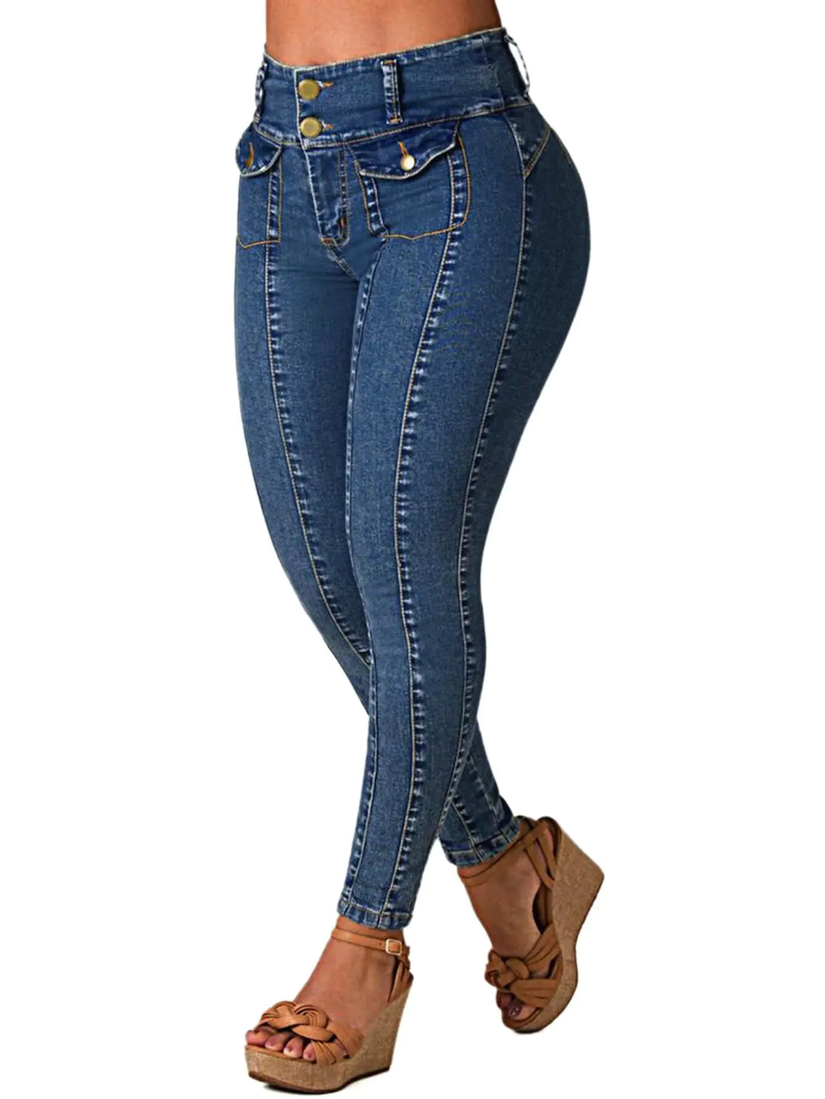 Flamingals Womens Butt Lifting Jeans for Women Seam Detail Flap Decor Mid Rise Skinny Jeans Mid Blue L Mimarta