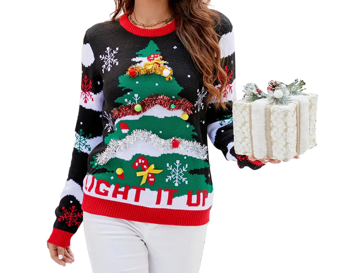 ASTANFY Ugly Christmas Sweaters for Women Sequin Christmas Sweater Christmas Tree Snowflake Graphic Holiday Pullover Green Mimarta