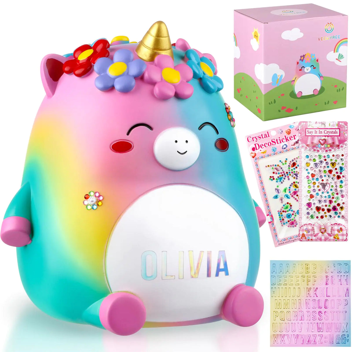 VeewyRee Unicorn Piggy Bank Girls – Cute Rainbow Kids Piggy Bank for Girls Personalized Unbreakable Resin Coin Money Bank for Kids with Stickers for Toddlers Mimarta
