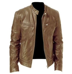 Men's Zip Cardigan PU Leather Jacket With Stand Collar Rieworkes