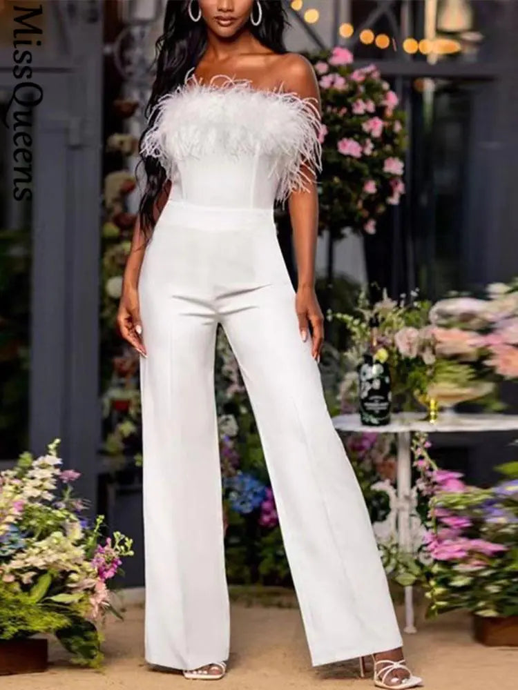 Women Sequined Feather-paneled Jumpsuit Rieworkes