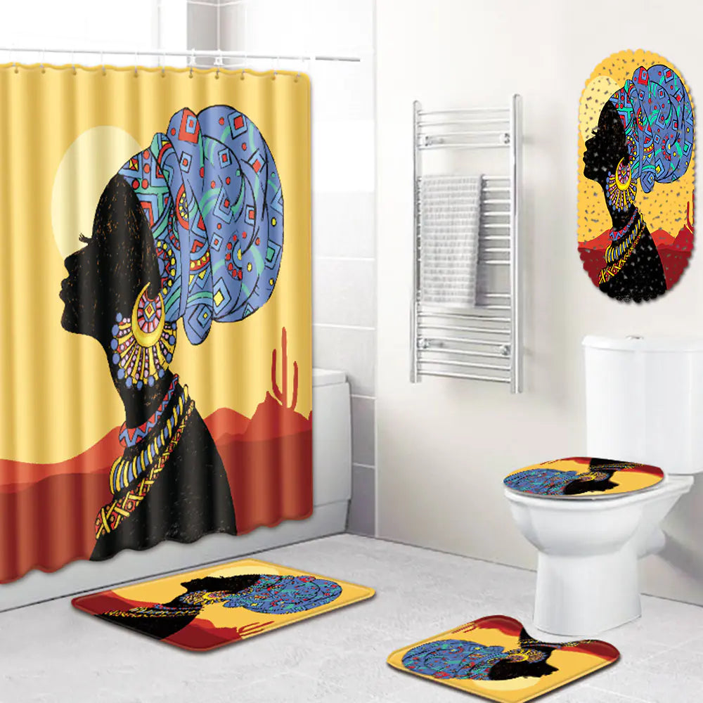 African Woman Bathroom Set with Shower Curtain and Mats Mimarta