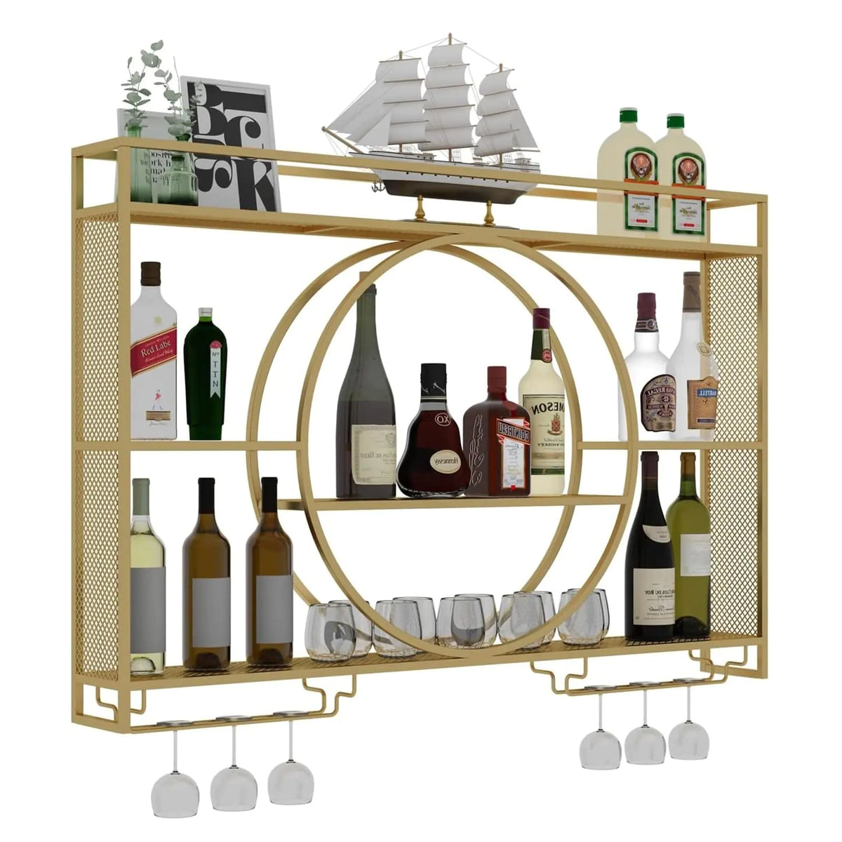 Modern Wine Storage Rack Wall Mounted With LED Light With Wine Glass HolderIron Bar Liquor ShelfFloating Wall Wine ShelvesBar Liquor Bottle Display Shelf For Kitchen Bar Decoration Gold/Black ( Col Mimarta