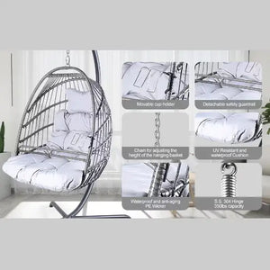 Swing Egg Chair With Stand Indoor And Outdoor Rattan Patio Basket Sling Chair With C-bracket, Patio Wicker Folding Sling Chair Rieworkes