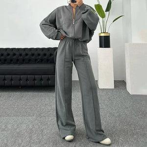 BASIC Solid Color Zip Sweater and Trousers Suit for Women Rieworkes