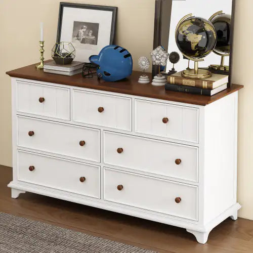 Wooden Captain Seven-Drawer Dresser For Bedroom, Living Room, Kids' Room, White Walnut Rieworkes
