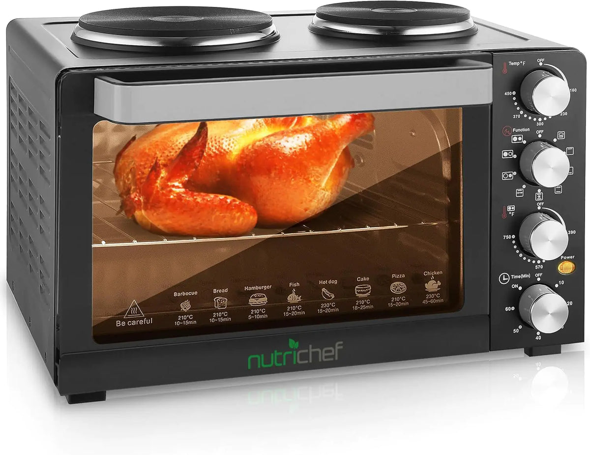 NutriChef 30 Quart Kitchen Convection Oven & 2 Burner Cooker - 1500 Watt Oven - 7 Cook Functions Rotisserie Cook Bake Broil & More - Includes Baking Tray Skewers & Handles - 19.6 x 16.0 x 13.5 IN Mimarta