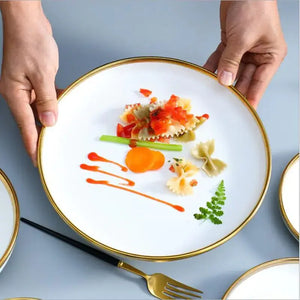 High-quality Matte Gilt Rim White Porcelain Dinner Tray Kitchen Plates Ceramic Tableware Food Dishes Rice Salad Noodles Bowl Rieworkes