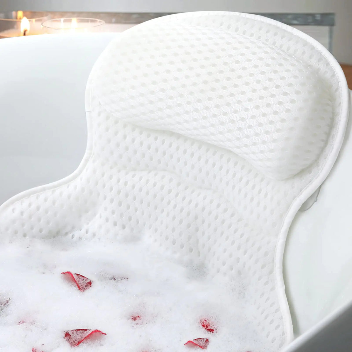 Bath Pillow Bathtub Pillow, Luxury Bath Pillows for Tub Neck and Back Support, Bath Tub Pillow Headrest with Soft 4D Mesh Fabric and Non-Slip Suction Cups, Relaxing Bath Accessories Spa Gifts Rieworkes