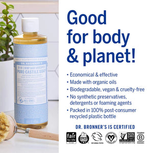 Dr. Bronner’s - Pure-Castile Liquid Soap (Baby Unscented, 16 Ounce) - Made with Organic Oils, 18-in-1 Uses: Face, Hair, Laundry & Dishes For Sensitive Skin & Babies, No Added Fragrance, Vegan, Non-GMO 16 Fl Oz (Pack of 1) Rieworkes