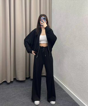 BASIC Solid Color Zip Sweater and Trousers Suit for Women Rieworkes