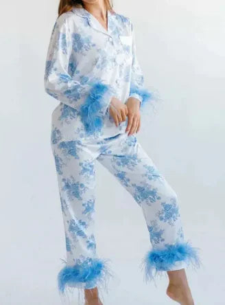 Christmas Satin Printed Long Sleeve Pants Pajamas Suit Rieworkes