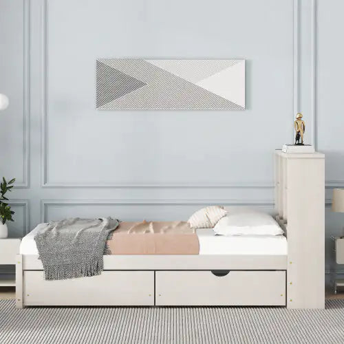 Modern Twin Size Bed Frame With Built-in USB Port On Bookcase Headboard And 2 Drawers For White Washed Color Rieworkes