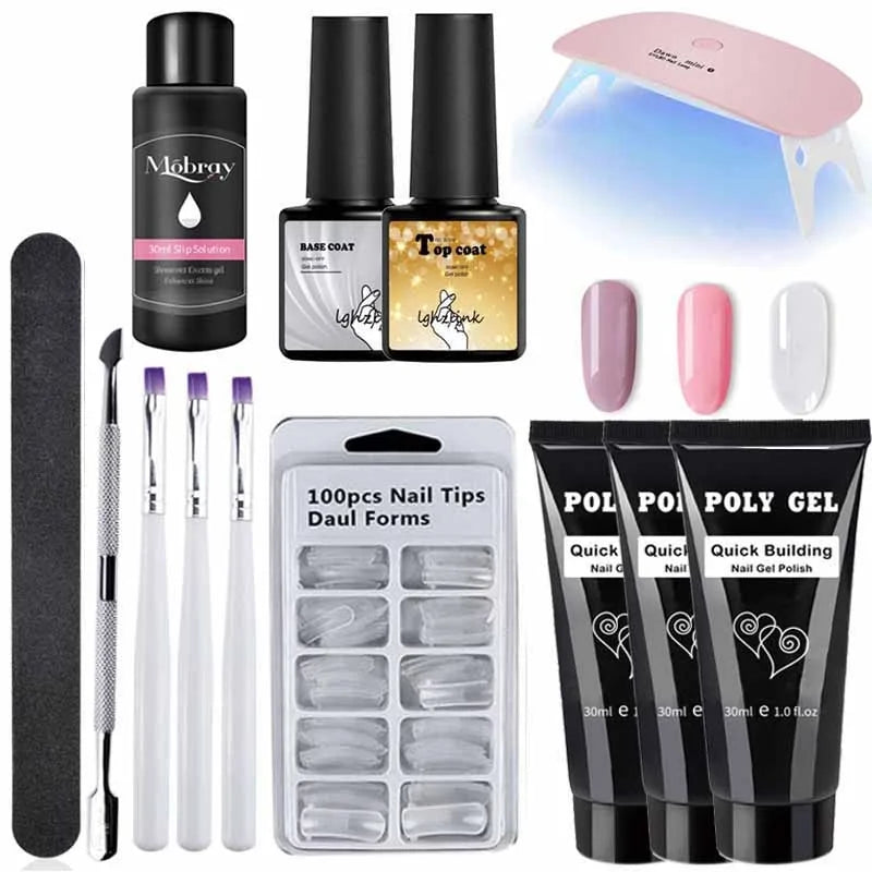 French Nail Art Poly Gel Kit with UV Brush and Nail Tips Rieworkes