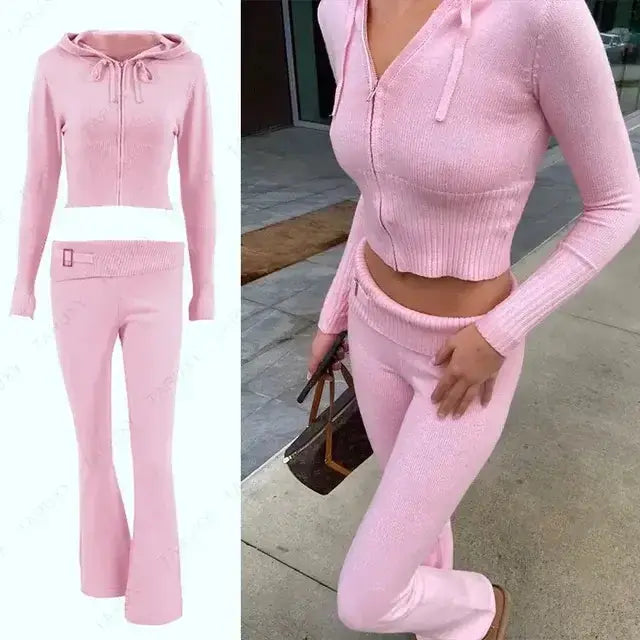 Knitted Hoodie Cropped Top And Pants Set Rieworkes