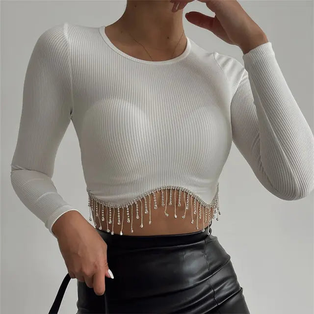 Elegant Rhinestone Tassel Cropped Top Rieworkes