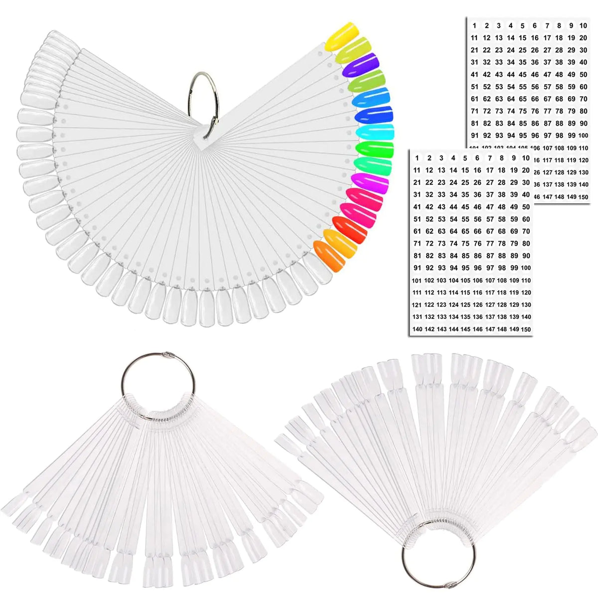 JASSINS 150 Pcs Nail Swatch Sticks with Ring and Number posted, Clear Fan-shaped Nail Art Polish Practice Display Tips Nail Sample Sticks, Nail Practice Color Display Polish Board C. Transparent (150 PCS) Rieworkes
