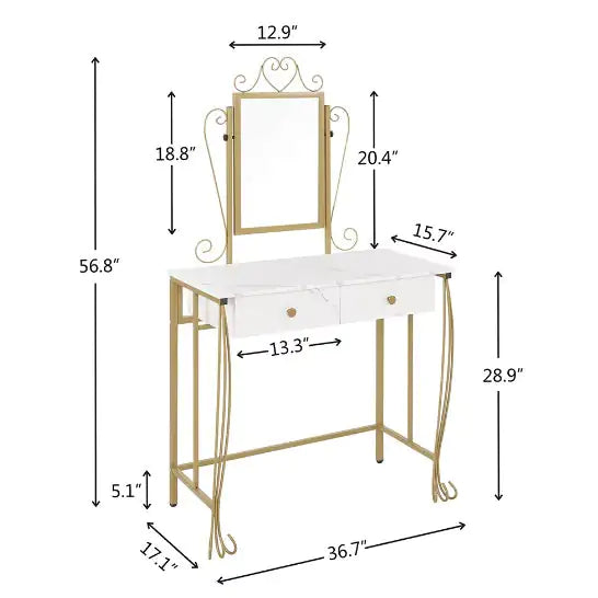 Vanity Table Set With Mirror &amp; Stool,White Makeup Dressing Desk With Drawers For Girls,Women,Bedroom,Gift Rieworkes