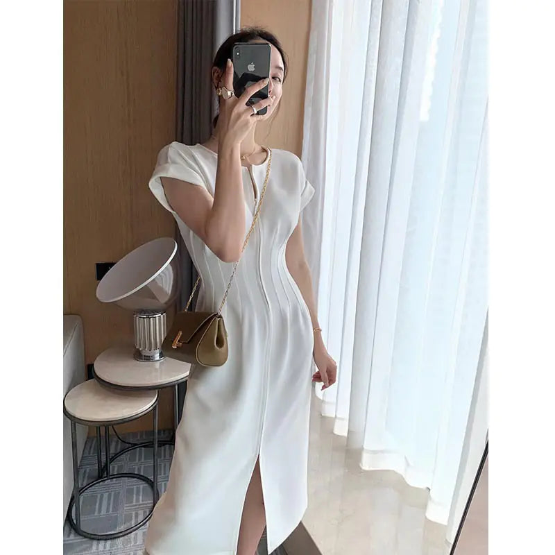 Sculptural White Tea Dress - Elegant Long Summer Dress Mimarta