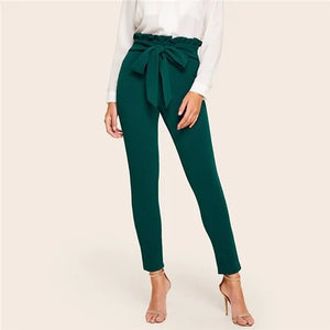 Elegant Frill Trim Bow Belted Detail Solid High Waist Pants Rieworkes