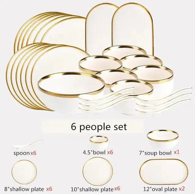 High-quality Matte Gilt Rim White Porcelain Dinner Tray Kitchen Plates Ceramic Tableware Food Dishes Rice Salad Noodles Bowl Rieworkes