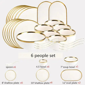 High-quality Matte Gilt Rim White Porcelain Dinner Tray Kitchen Plates Ceramic Tableware Food Dishes Rice Salad Noodles Bowl Rieworkes