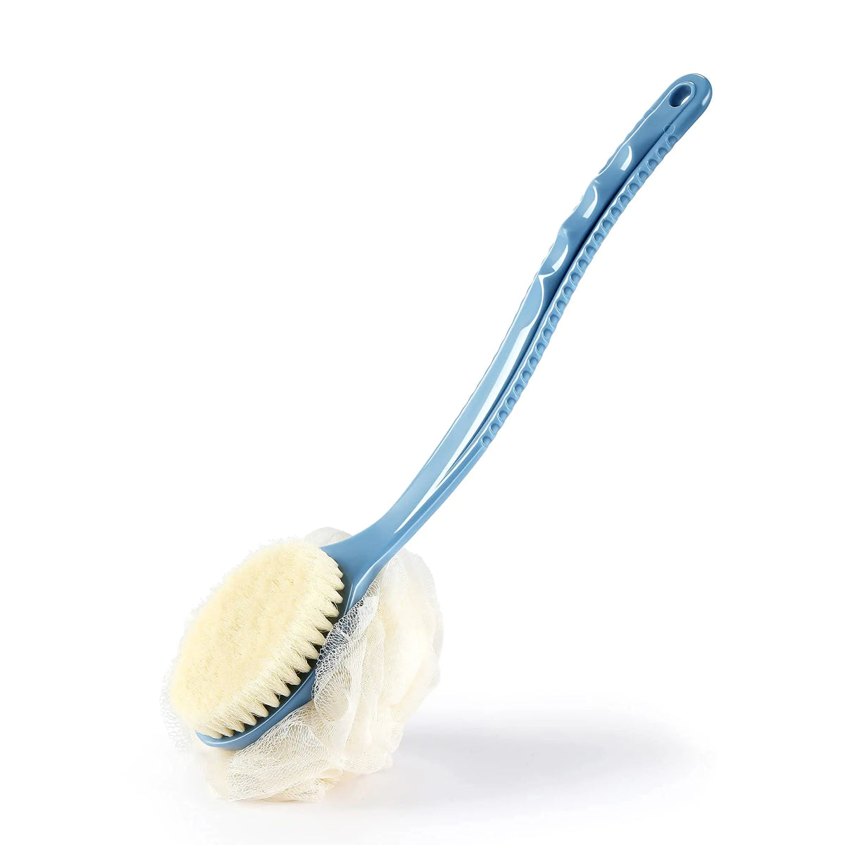 Shower Body Brush with Bristles and Loofah,Back Scrubber Bath Mesh Sponge with Curved Long Handle for Skin Exfoliating Bath, Massage Bristles Suitable for Wet or Dry, Men and Women (Blue) Rieworkes