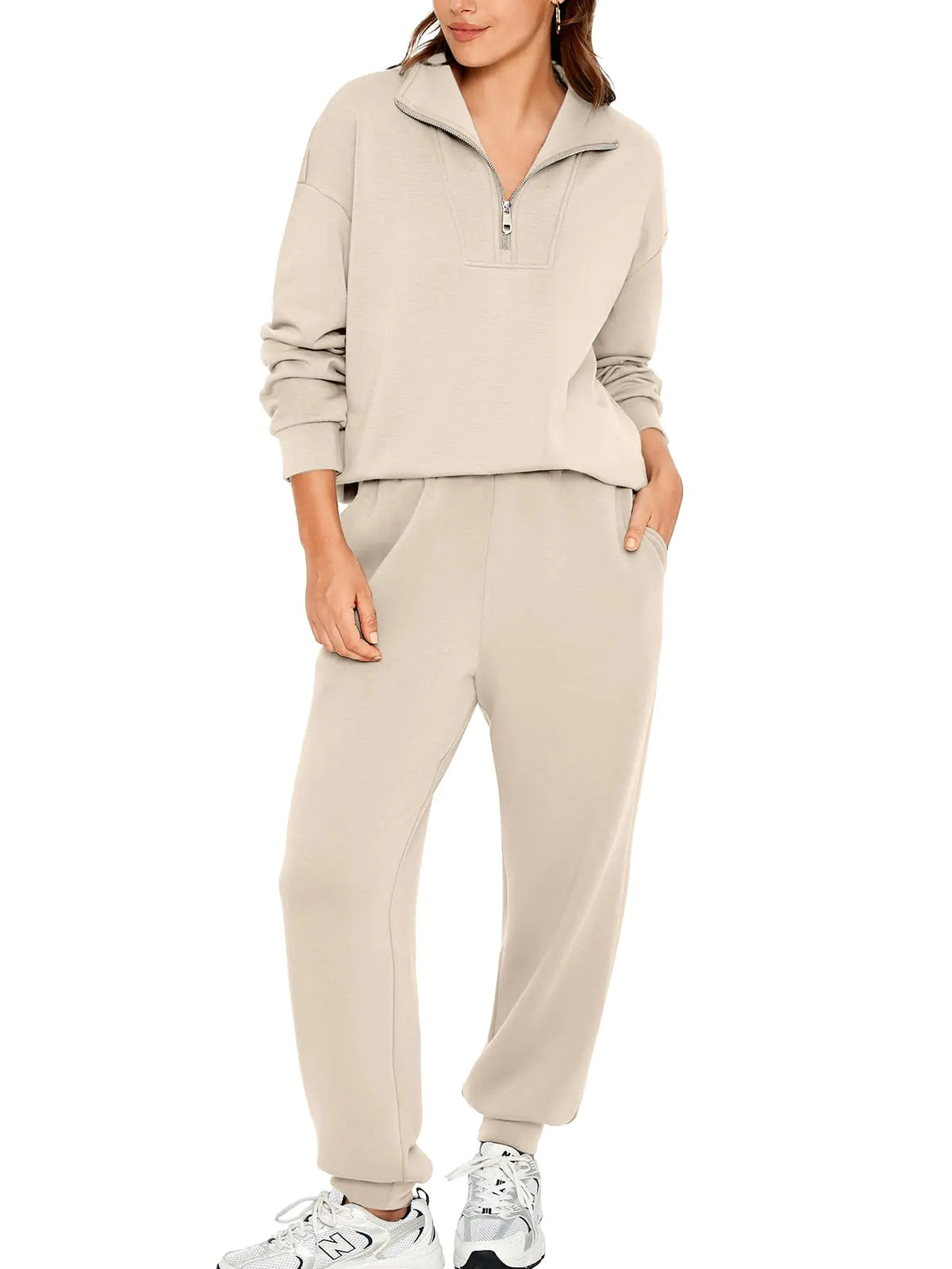 Glamaker Womens 2 Piece Outfits Sweatsuits Set Half Zip Long Sleeve Sweatshirts Joggers Sweatpants Tracksuit(Khaki L) Mimarta