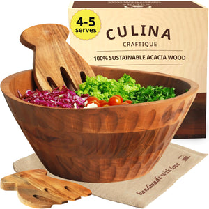 Culina Craftique Wooden Salad Bowl - 11" Large serveware set w/serving utensils & table placemat — Easy to clean — Acacia wood bowls for food | fruits | Hosting | Modern kitchen decor | gifts Rieworkes