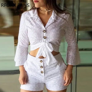 Casual Women’s Broderie Lace Blouse and Shorts Set Mimarta