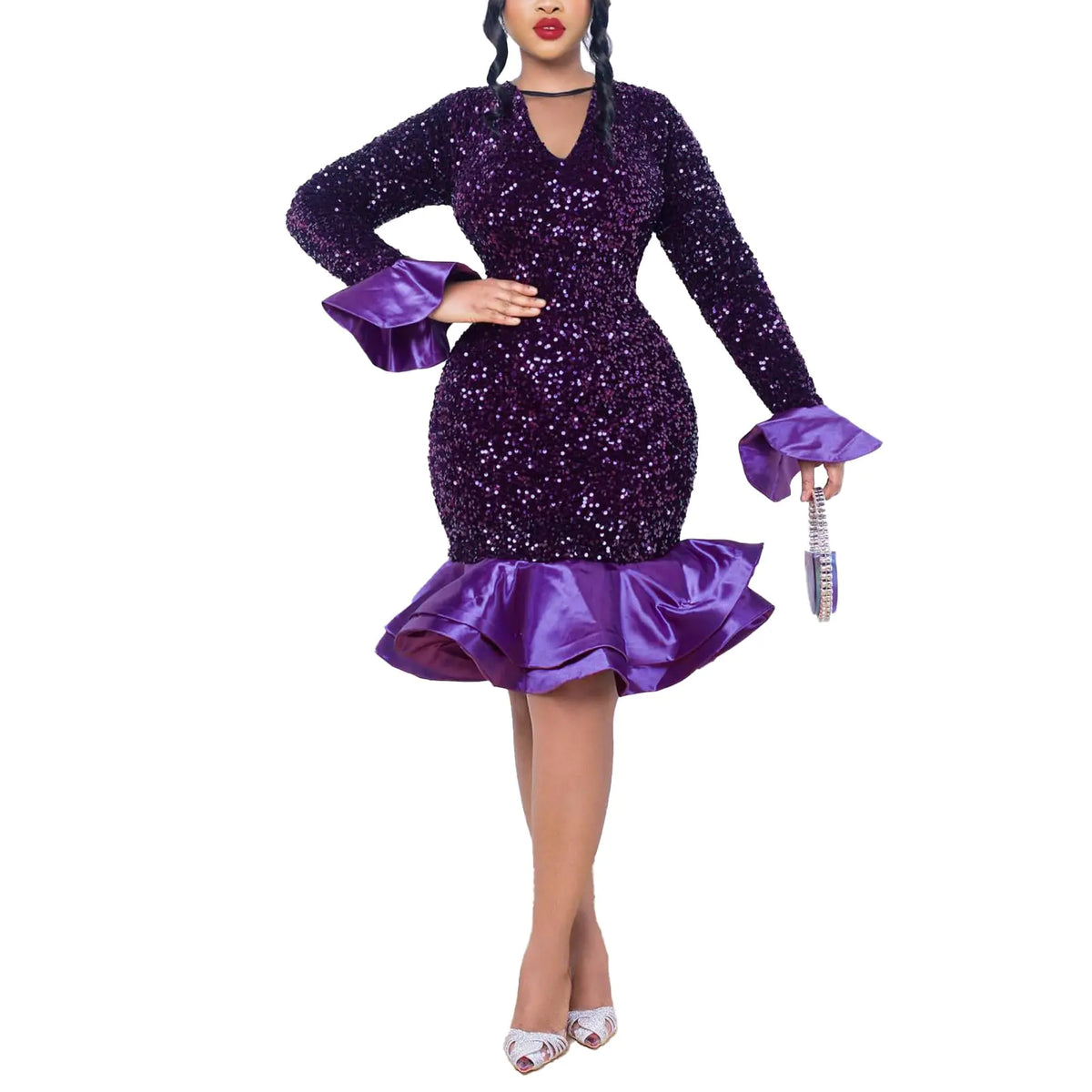 Cololura Women Elegant Sexy Sequin Ruffle Long Sleeve Bodycon Mermaid Cocktail Formal Party Ball Gown Midi Dress Purple Mimarta