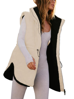 Women Fall Reversible Vests Sleeveless Sherpa Fleece Jacket Zip Up Hoodie Long Warm Winter Padded Coat Outerwear Mimarta