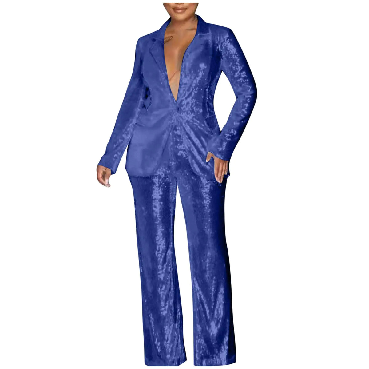 Blazer Sets Women 2 Piece Outfits 2024 Trendy Sequins Suit Set One Button Notched Lapel Blazers Wide Leg Pants Set Blue Rieworkes