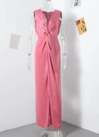 Knotted Evening Long Dress Women V-neck Sleeveless High Waist Split Solid Party Bodycon Dresses Rieworkes