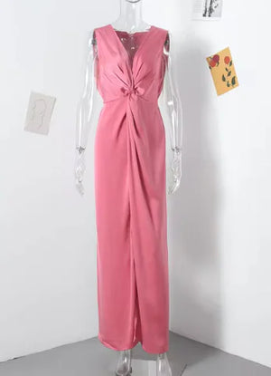 Knotted Evening Long Dress Women V-neck Sleeveless High Waist Split Solid Party Bodycon Dresses Rieworkes