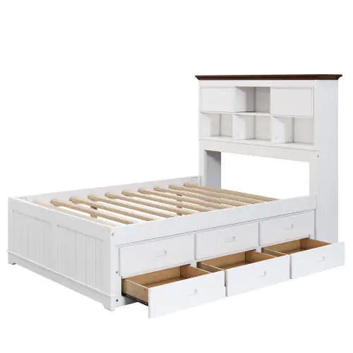 Solid Pine Captain Bookcase Bed With Trundle Bed And 3 Spacious Under Bed Drawers In Casual,Full, White Walnut Rieworkes