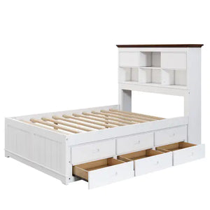 Solid Pine Captain Bookcase Bed With Trundle Bed And 3 Spacious Under Bed Drawers In Casual,Full, White Walnut Rieworkes