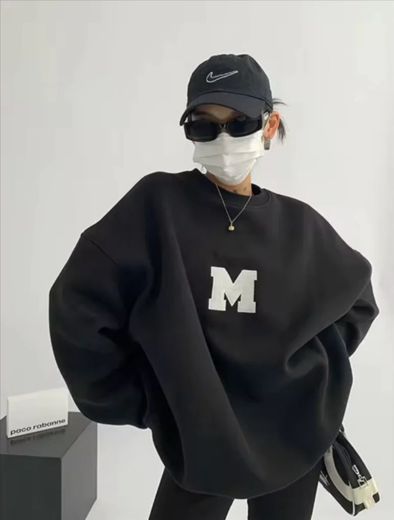 MEXZT Streetwear Y2K Oversized Fleece Sweatshirt with Letter Print – Harajuku & Korean Inspired Casual Hoodie for Women Rieworkes
