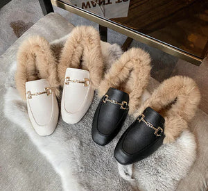Fleece-Lined Flat Loafers with Rabbit Fur for Women Mimarta