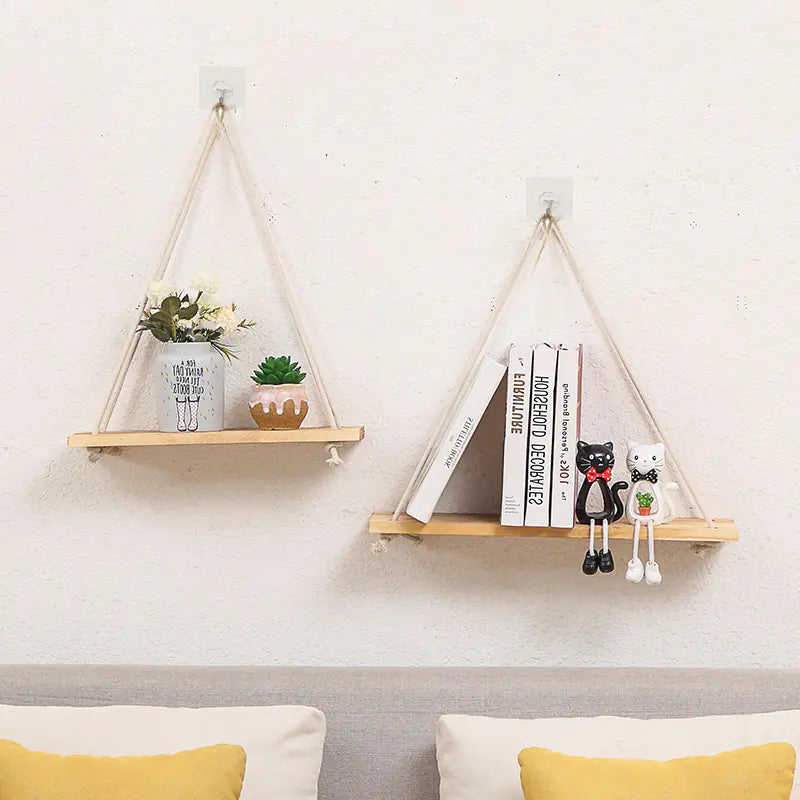 Wall-Mounted Wooden Shelf with Decorative Rope Planter Mimarta