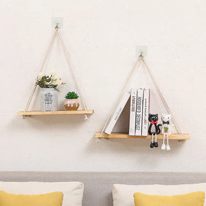 Wall-Mounted Wooden Shelf with Decorative Rope Planter Mimarta