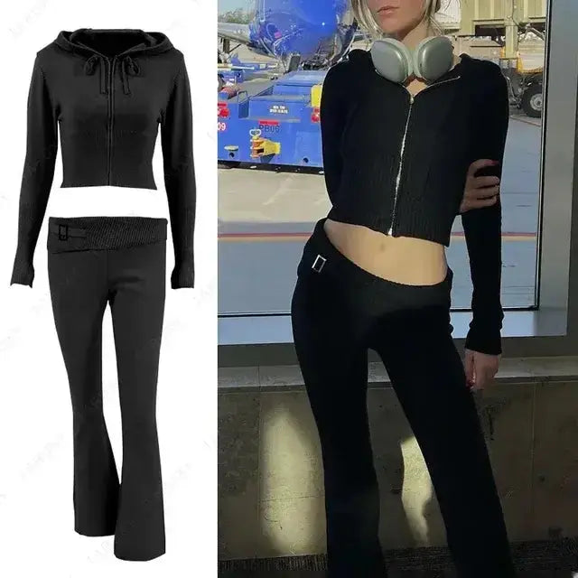 Knitted Hoodie Cropped Top And Pants Set Rieworkes