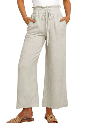 Elastic Waistband Lace-up Wide Leg Pants Solid Color Cropped Pants Rieworkes