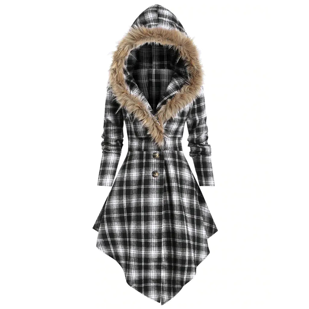 New Women's Winter Plaid Coat with Hood and Belt Mimarta