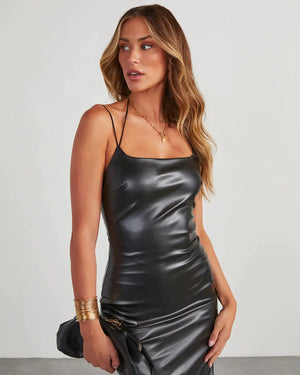 PU Leather Slit Sheath Skirt with Bandeau Sling Rieworkes