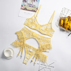 Yellow Floral Mesh Patchwork Underwear Set Rieworkes