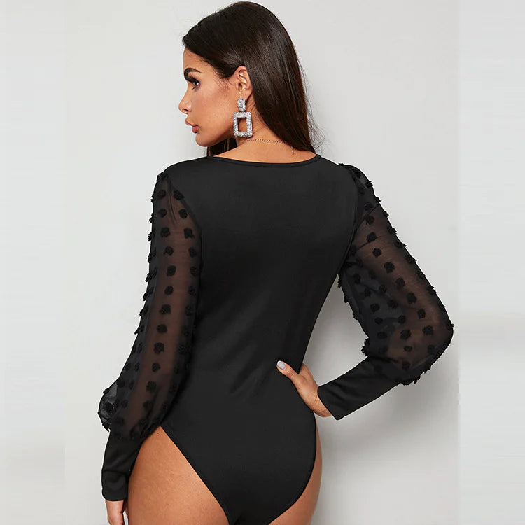Slim Fit Square Collar Mesh Long Sleeve Bodysuit for Women Rieworkes