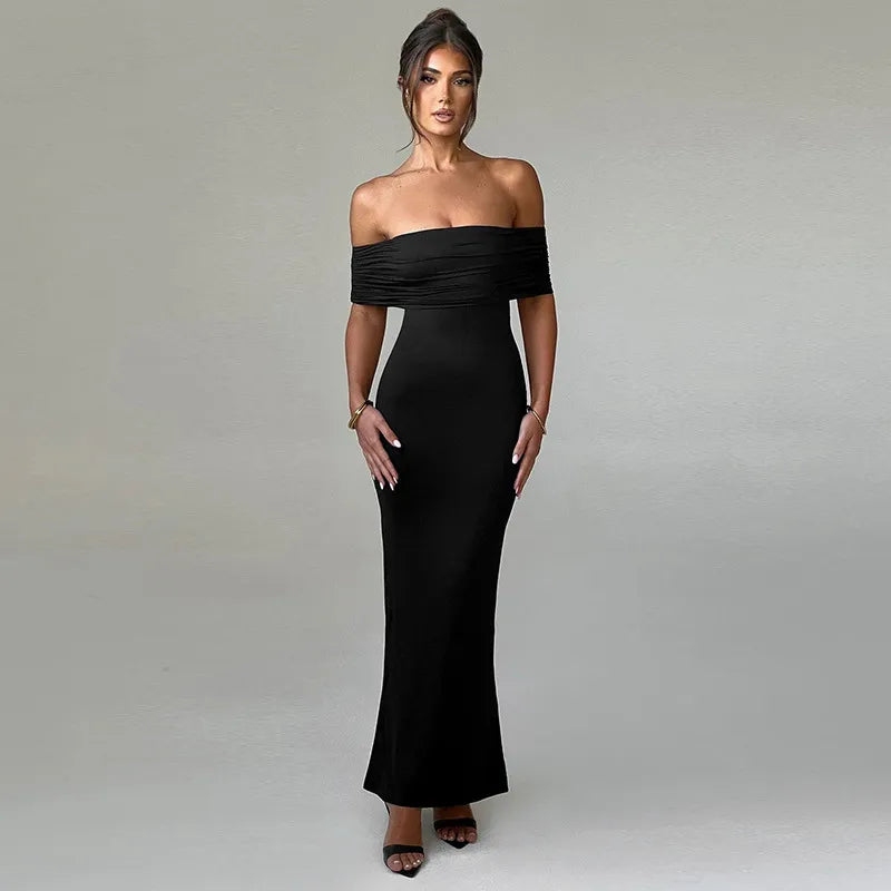 Socialite Style Elegant Sexy Backless Off-shoulder Dress Women Rieworkes