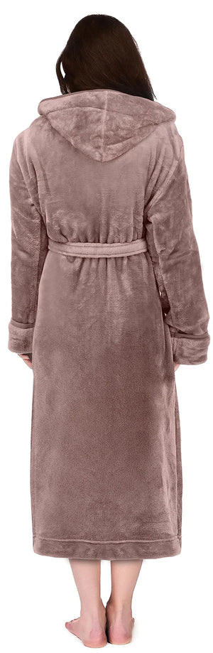 NY Threads Women's Fleece Hooded Bathrobe Plush Long Spa Robe X-Large Taupe Rieworkes